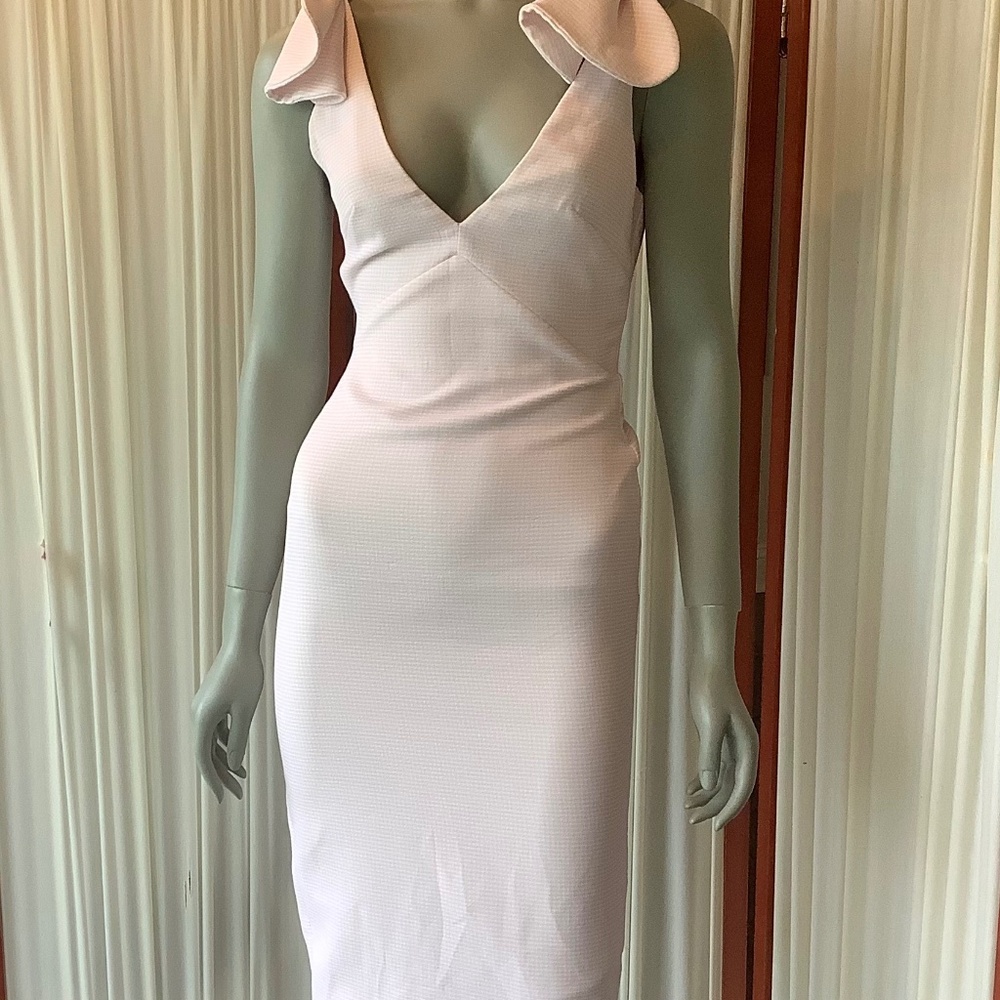 By Johnny Plunge V Midi Dress Bow Tie Straps Pale Pink Size 4